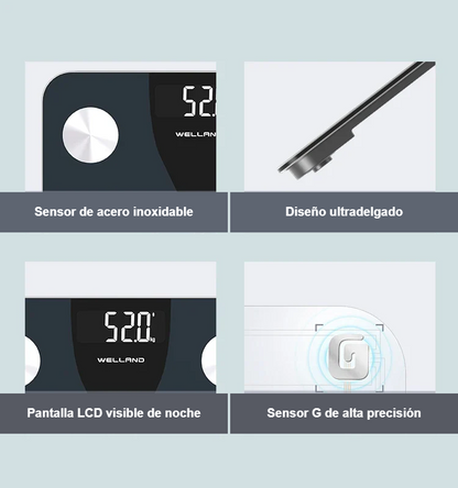 Báscula Weighvo - características: sensor acero inoxidable, diseño ultradelgado, pantalla LCD, sensor G