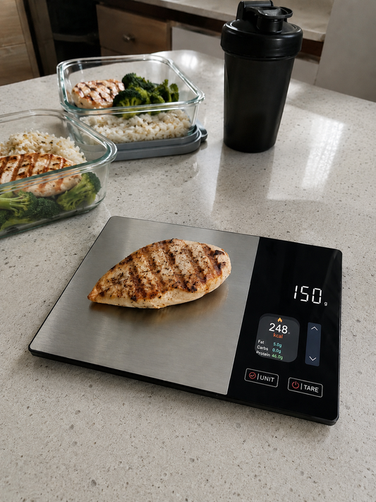 Báscula inteligente de precisión con una pechuga de pollo a la plancha mostrando 150 g, 248 kcal y macros, junto a tuppers de meal prep y un shaker de proteína